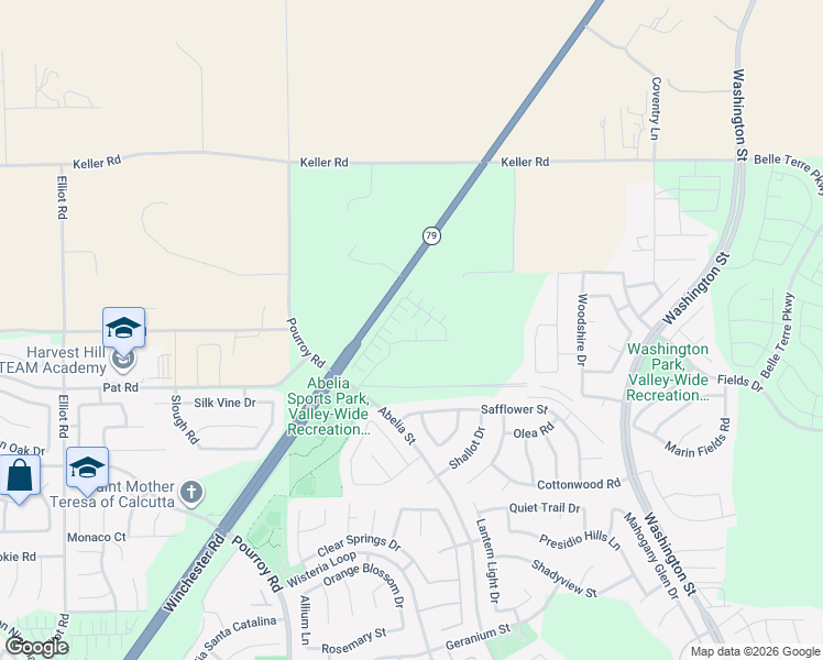 map of restaurants, bars, coffee shops, grocery stores, and more near 34495 Agave Drive in Winchester