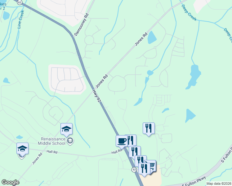 map of restaurants, bars, coffee shops, grocery stores, and more near 6991 Misttop Loop in Fairburn