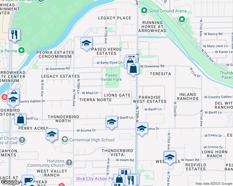 map of restaurants, bars, coffee shops, grocery stores, and more near 7610 West Maui Lane in Peoria