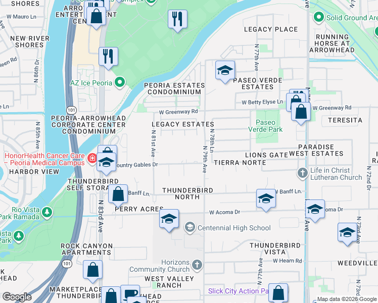 map of restaurants, bars, coffee shops, grocery stores, and more near 7930 West Country Gables Drive in Peoria
