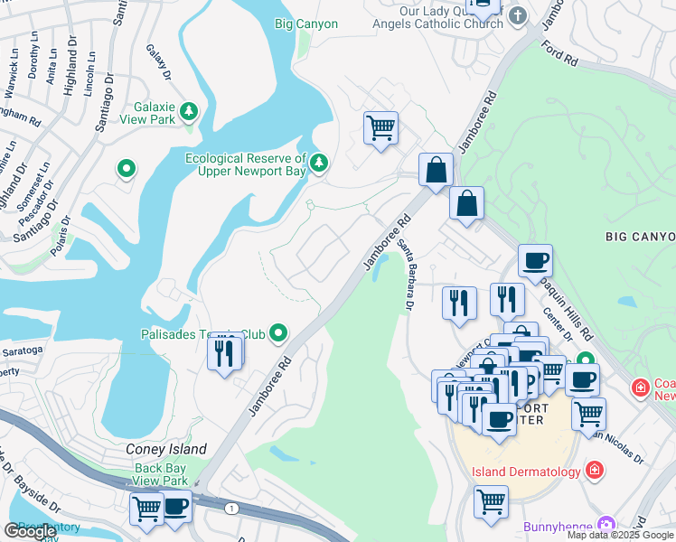 map of restaurants, bars, coffee shops, grocery stores, and more near 1428 Sea Ridge Drive in Newport Beach