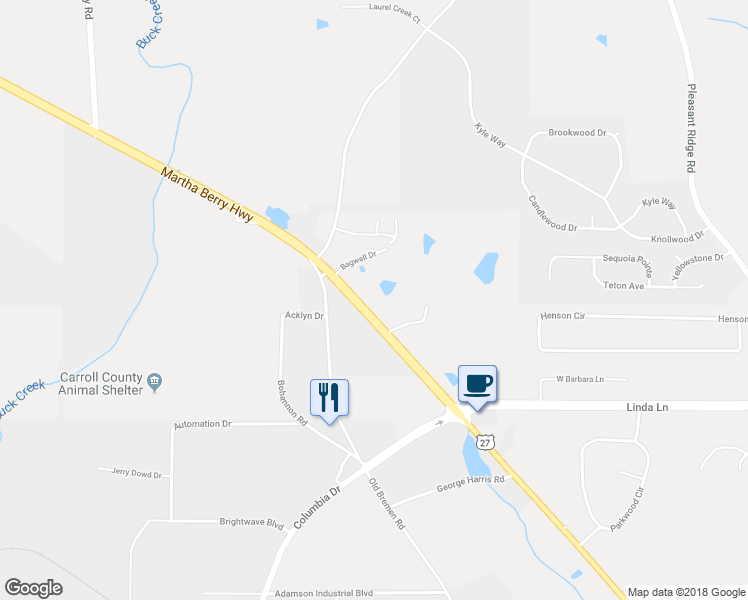 map of restaurants, bars, coffee shops, grocery stores, and more near 2107 Highway 27 North in Carrollton