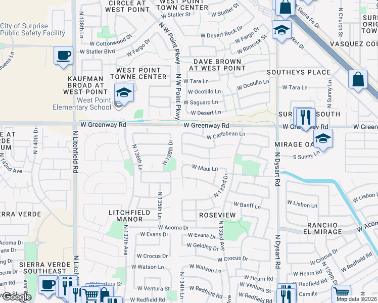 map of restaurants, bars, coffee shops, grocery stores, and more near 13454 West Port Au Prince Lane in Surprise
