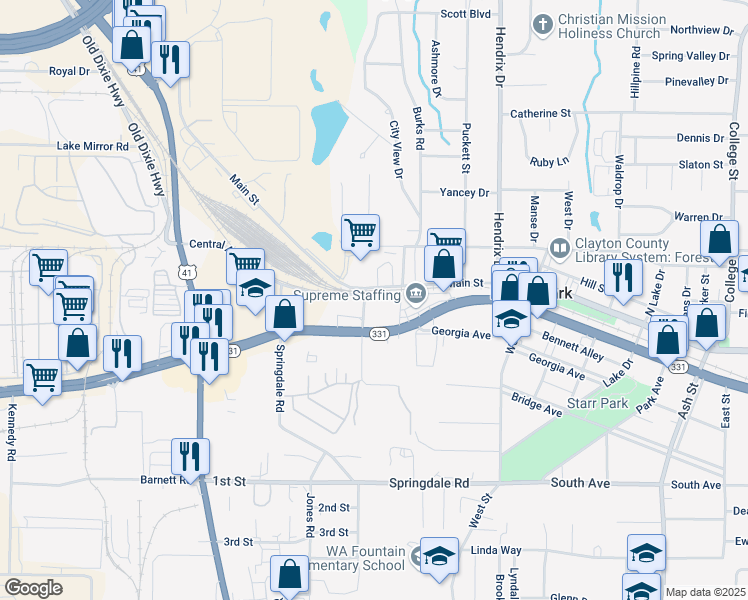 map of restaurants, bars, coffee shops, grocery stores, and more near 4874 Hale Road in Forest Park