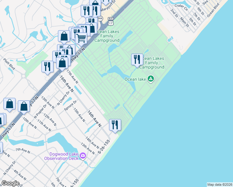 map of restaurants, bars, coffee shops, grocery stores, and more near 408 Live Oak Road in Myrtle Beach