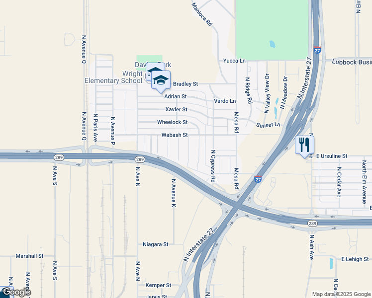 map of restaurants, bars, coffee shops, grocery stores, and more near 1001-1399 Wabash Street in Lubbock