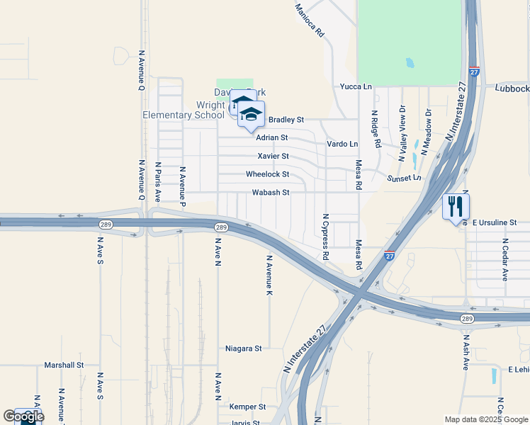 map of restaurants, bars, coffee shops, grocery stores, and more near 1001-1399 Wabash Street in Lubbock