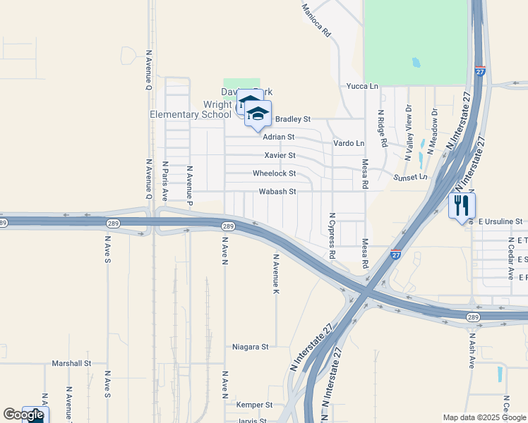 map of restaurants, bars, coffee shops, grocery stores, and more near 1001-1399 Wabash Street in Lubbock