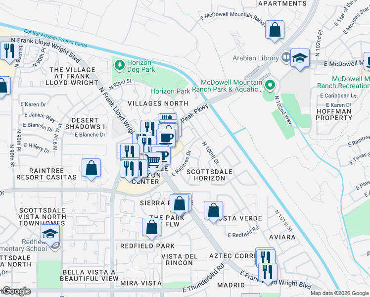 map of restaurants, bars, coffee shops, grocery stores, and more near 14951 North 97th Place in Scottsdale