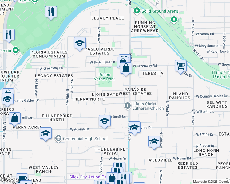 map of restaurants, bars, coffee shops, grocery stores, and more near 7610 West Maui Lane in Peoria
