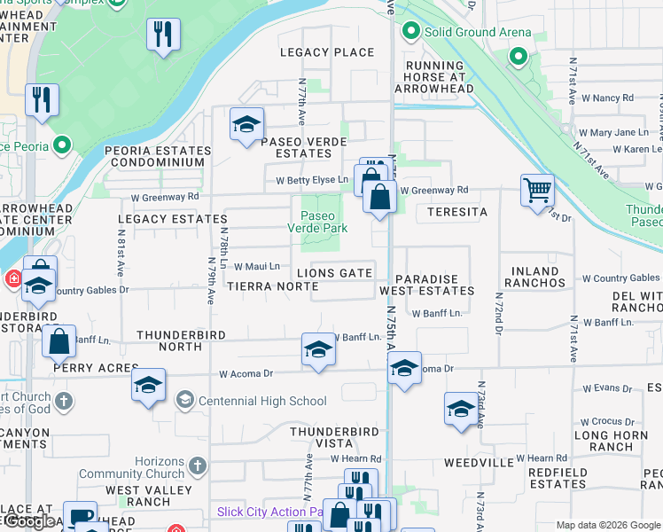 map of restaurants, bars, coffee shops, grocery stores, and more near 7610 West Maui Lane in Peoria