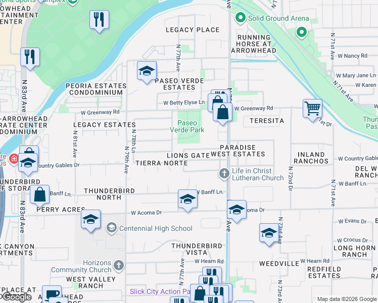 map of restaurants, bars, coffee shops, grocery stores, and more near 7650 West Maui Lane in Peoria