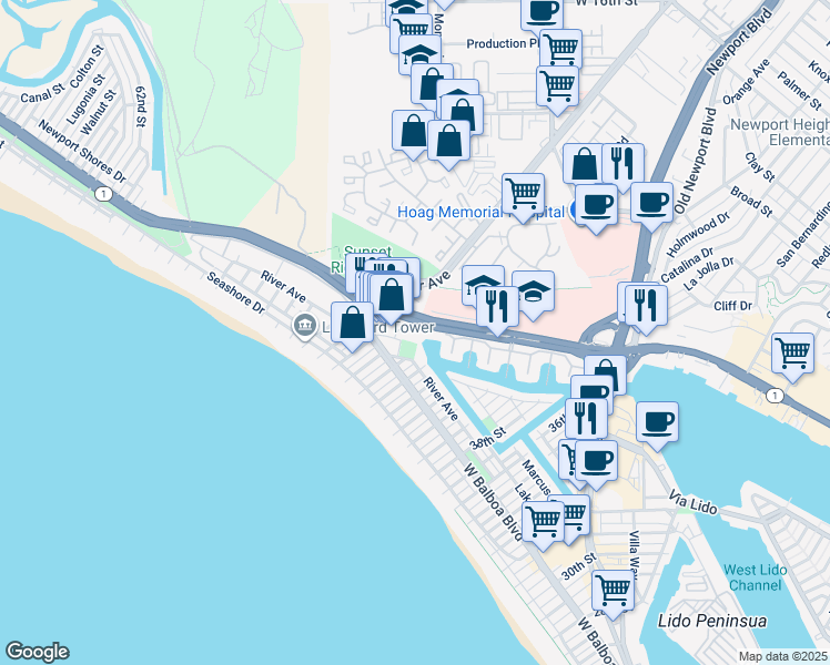 map of restaurants, bars, coffee shops, grocery stores, and more near 4501 West Coast Highway in Newport Beach