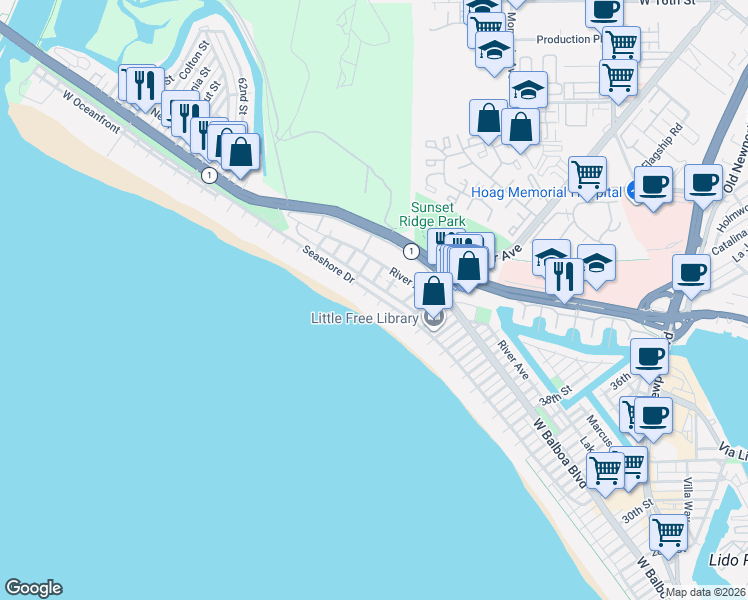 map of restaurants, bars, coffee shops, grocery stores, and more near 4914 Neptune Avenue in Newport Beach