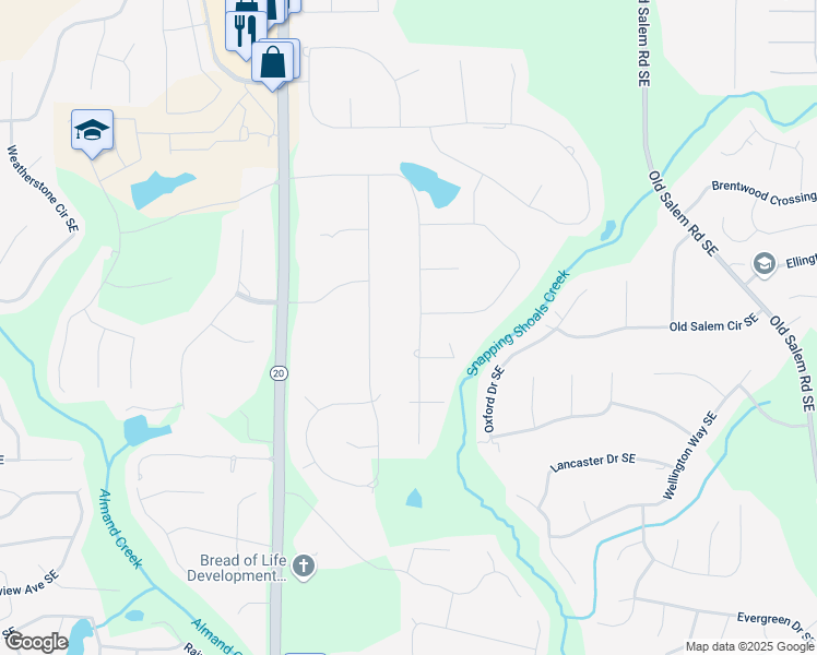 map of restaurants, bars, coffee shops, grocery stores, and more near 1195 Vineyard Drive Southeast in Conyers