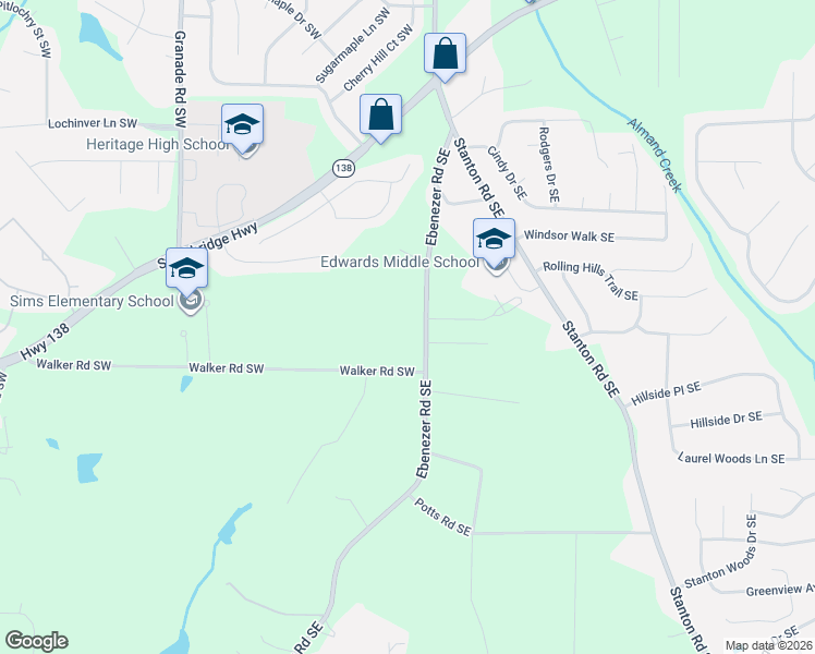 map of restaurants, bars, coffee shops, grocery stores, and more near 2511 Ebenezer Road Southeast in Conyers