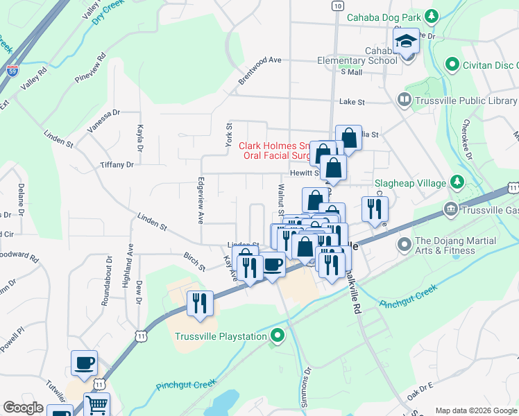 map of restaurants, bars, coffee shops, grocery stores, and more near 131 Pine Tree Lane in Trussville