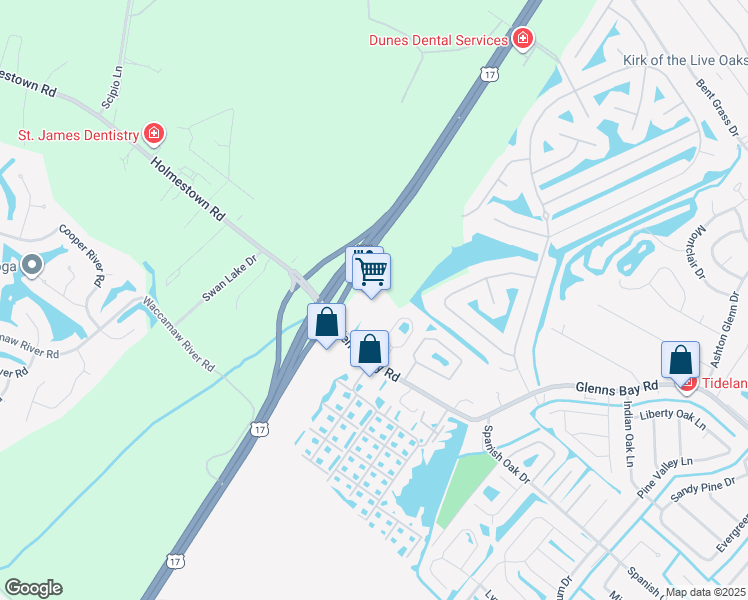 map of restaurants, bars, coffee shops, grocery stores, and more near 2292 Glenns Bay Road in Surfside Beach