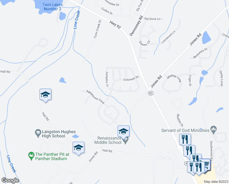 map of restaurants, bars, coffee shops, grocery stores, and more near 7455 Jumpers Tr in Fairburn