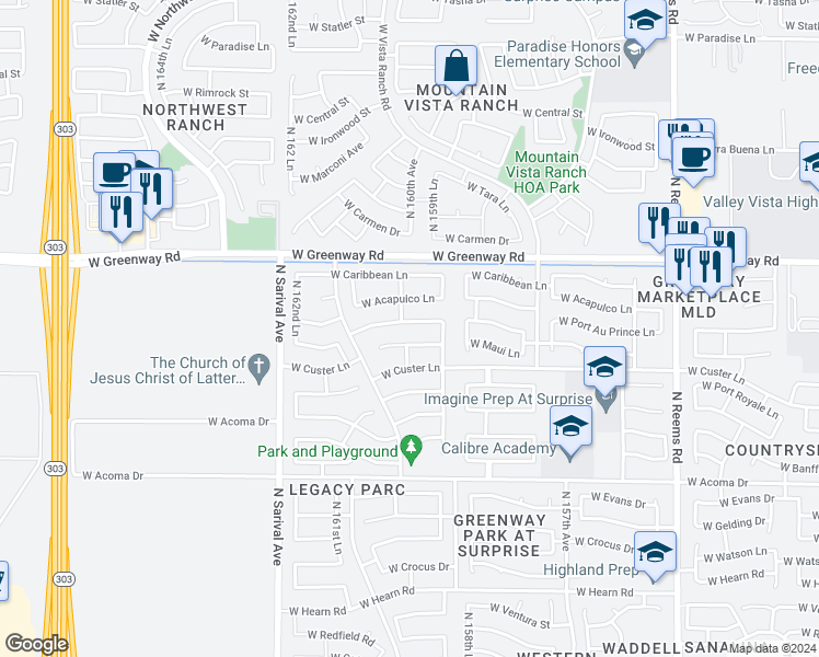 map of restaurants, bars, coffee shops, grocery stores, and more near 15949 West Port Au Prince Lane in Surprise