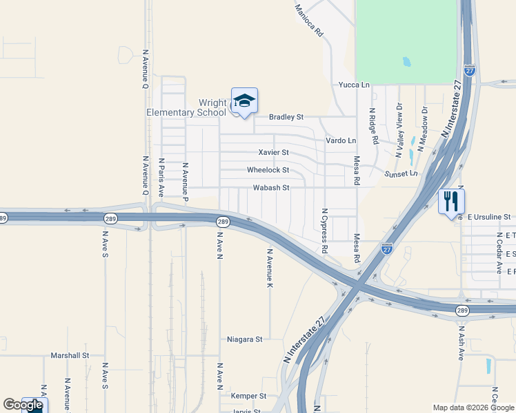 map of restaurants, bars, coffee shops, grocery stores, and more near 1001-1399 Wabash Street in Lubbock