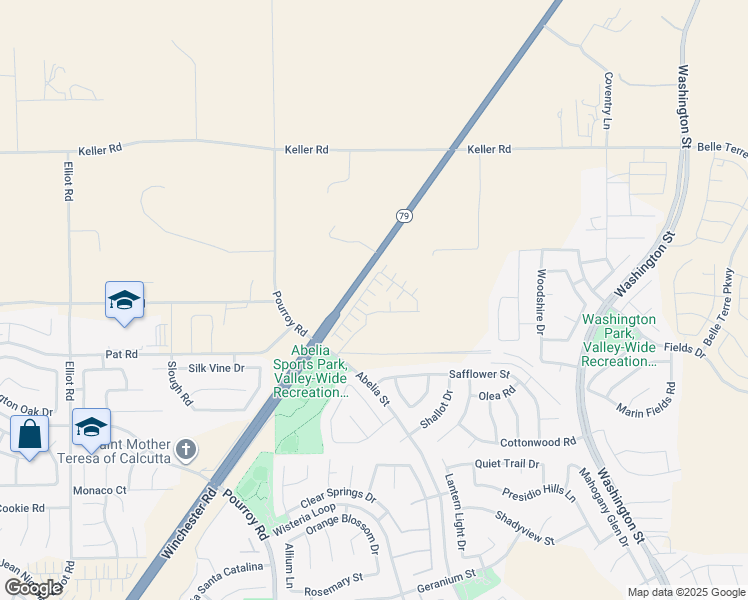 map of restaurants, bars, coffee shops, grocery stores, and more near 34495 Agave Drive in Winchester