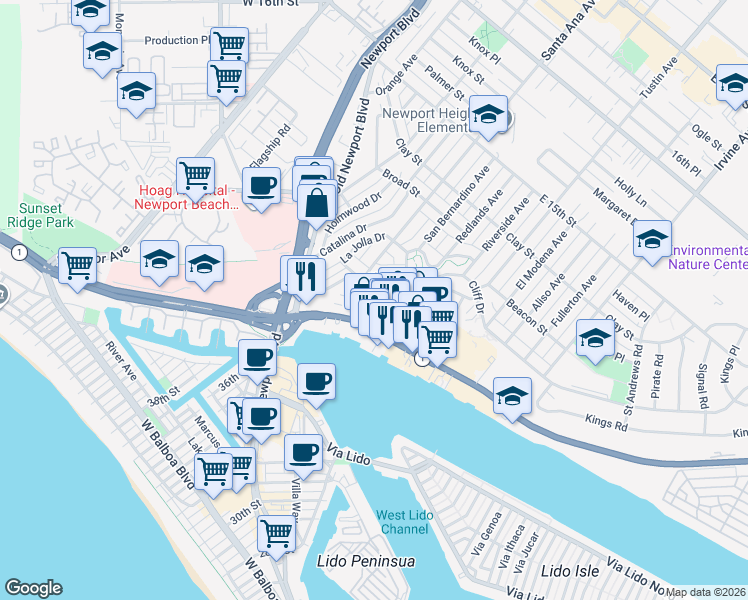 map of restaurants, bars, coffee shops, grocery stores, and more near 2953 Cliff Drive in Newport Beach