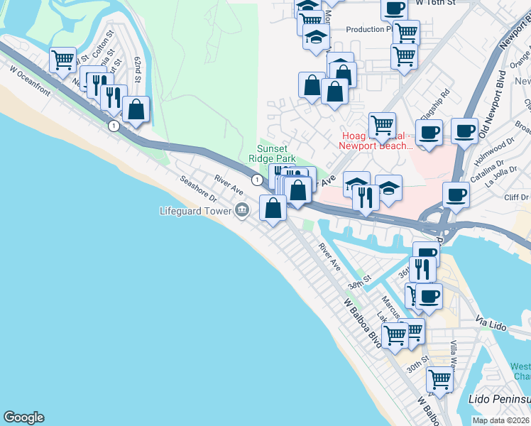 map of restaurants, bars, coffee shops, grocery stores, and more near in Newport Beach