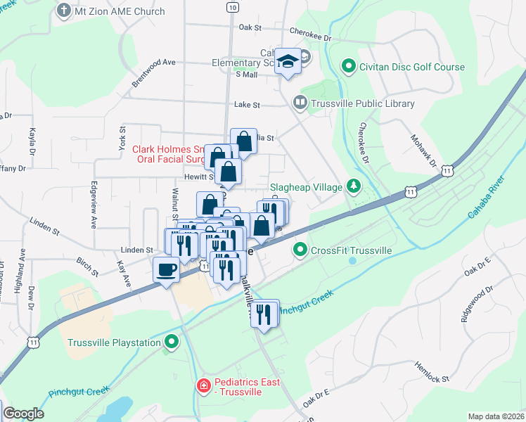 map of restaurants, bars, coffee shops, grocery stores, and more near 208 Birdie Street in Trussville