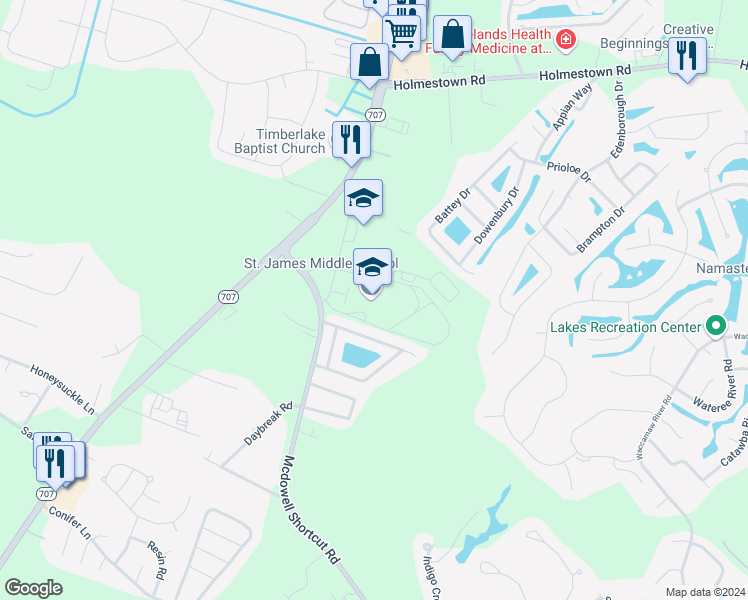 map of restaurants, bars, coffee shops, grocery stores, and more near 9775 Saint James Road in Murrells Inlet