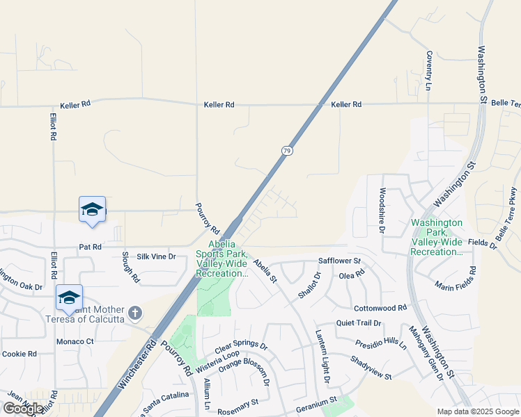 map of restaurants, bars, coffee shops, grocery stores, and more near 34495 Agave Drive in Winchester