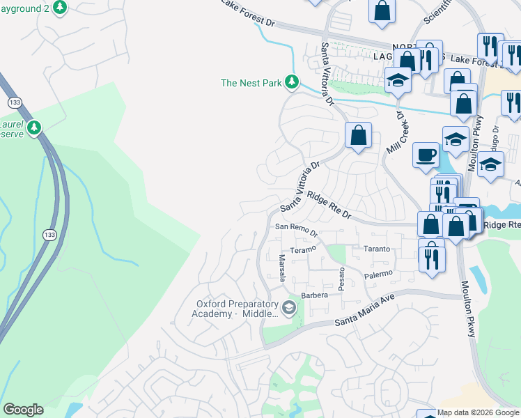 map of restaurants, bars, coffee shops, grocery stores, and more near 22125 Caminito Vino in Laguna Hills