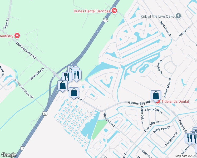 map of restaurants, bars, coffee shops, grocery stores, and more near 1300 Sosa Court in Surfside Beach