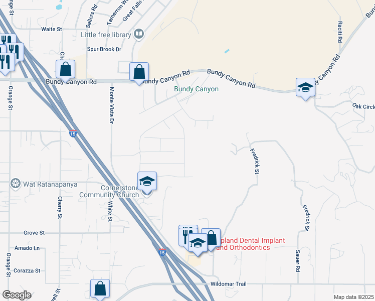 map of restaurants, bars, coffee shops, grocery stores, and more near 34344 Quail Creek Lane in Wildomar