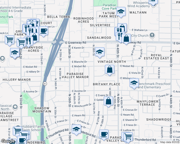 map of restaurants, bars, coffee shops, grocery stores, and more near 14825 North 37th Way in Phoenix