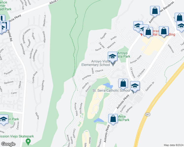 map of restaurants, bars, coffee shops, grocery stores, and more near 25 Amantes in Rancho Santa Margarita