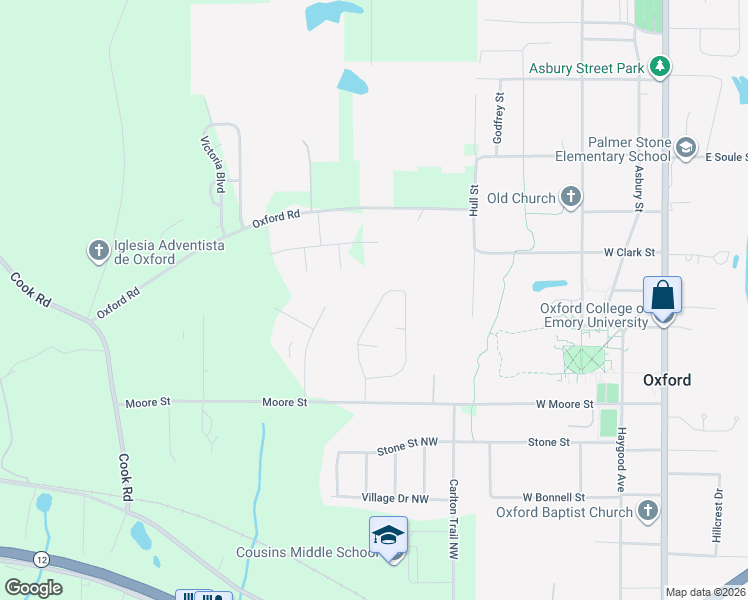 map of restaurants, bars, coffee shops, grocery stores, and more near 148 Longstreet Circle in Oxford