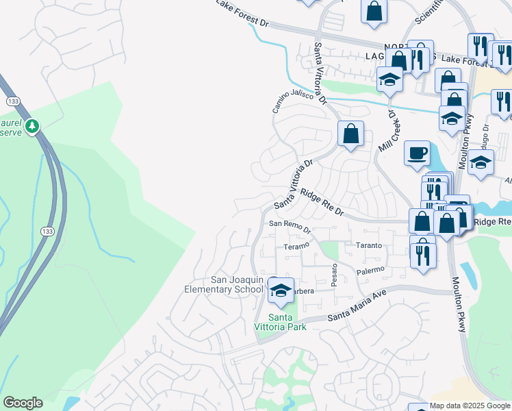 map of restaurants, bars, coffee shops, grocery stores, and more near 22131 Caminito Vino in Laguna Hills