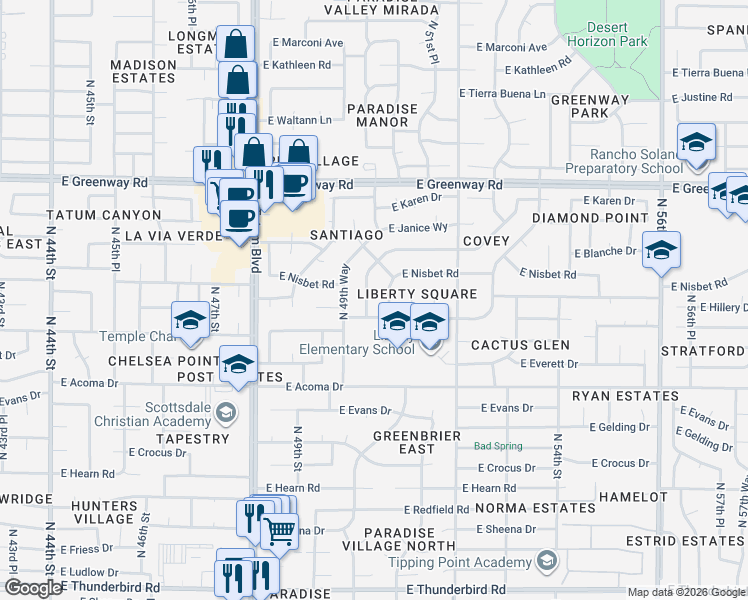 map of restaurants, bars, coffee shops, grocery stores, and more near 14832 North 50th Place in Scottsdale