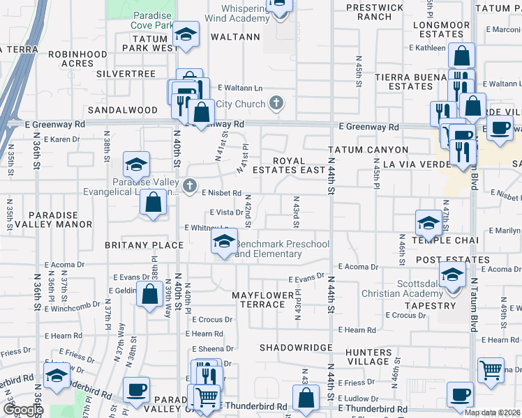 map of restaurants, bars, coffee shops, grocery stores, and more near 4201 East Nisbet Road in Phoenix