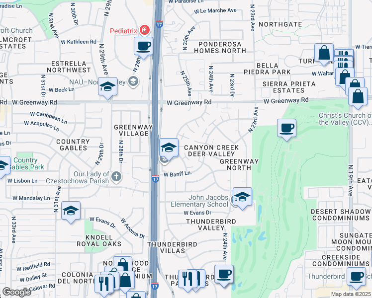 map of restaurants, bars, coffee shops, grocery stores, and more near 14837 North 25th Drive in Phoenix