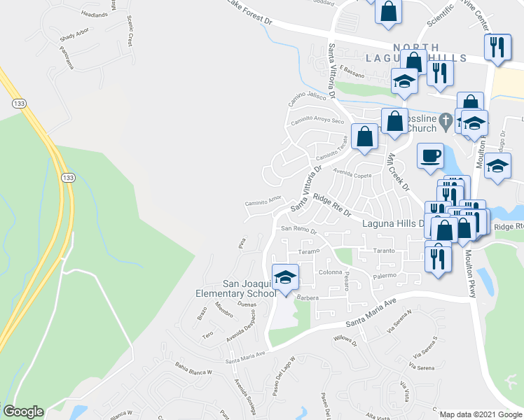 map of restaurants, bars, coffee shops, grocery stores, and more near 22115 Caminito Amor in Laguna Hills