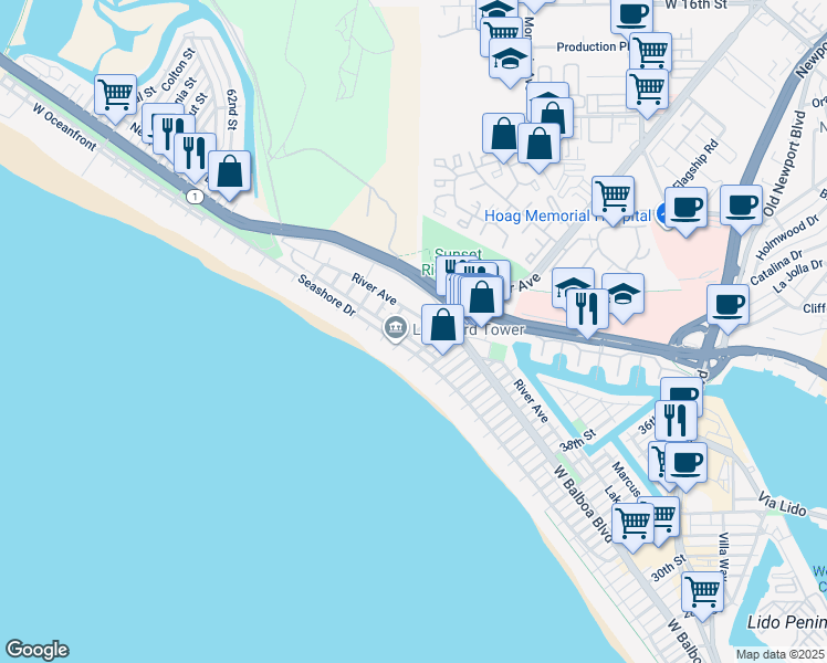 map of restaurants, bars, coffee shops, grocery stores, and more near 4816 River Avenue in Newport Beach