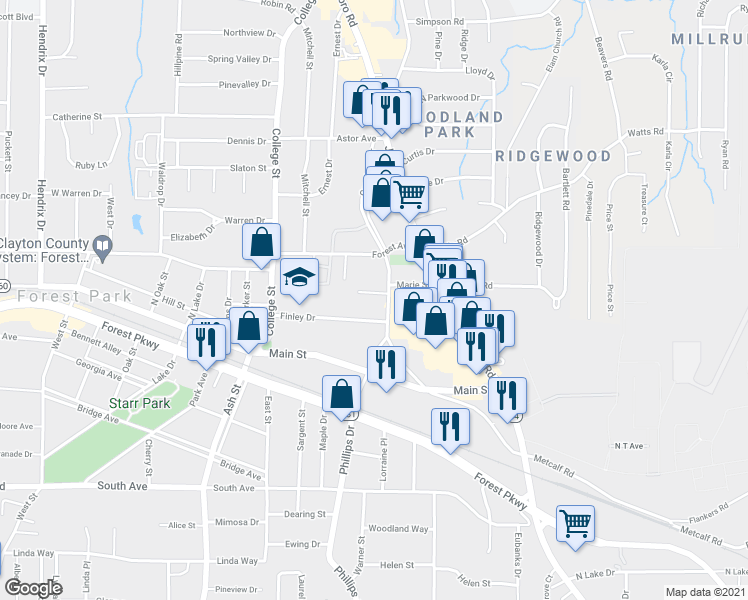map of restaurants, bars, coffee shops, grocery stores, and more near 4834 Courtney Drive in Forest Park