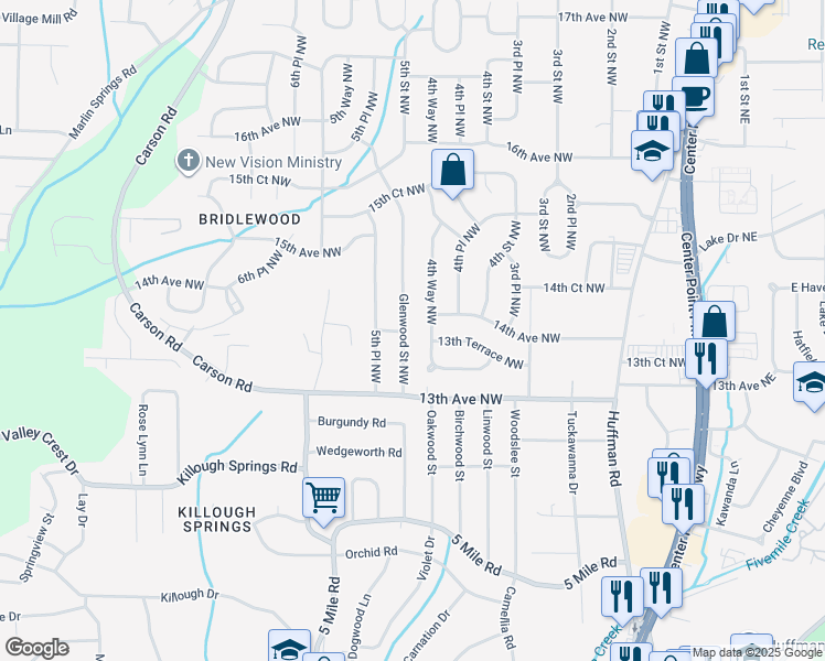 map of restaurants, bars, coffee shops, grocery stores, and more near 1348 Glenwood Street Northwest in Center Point