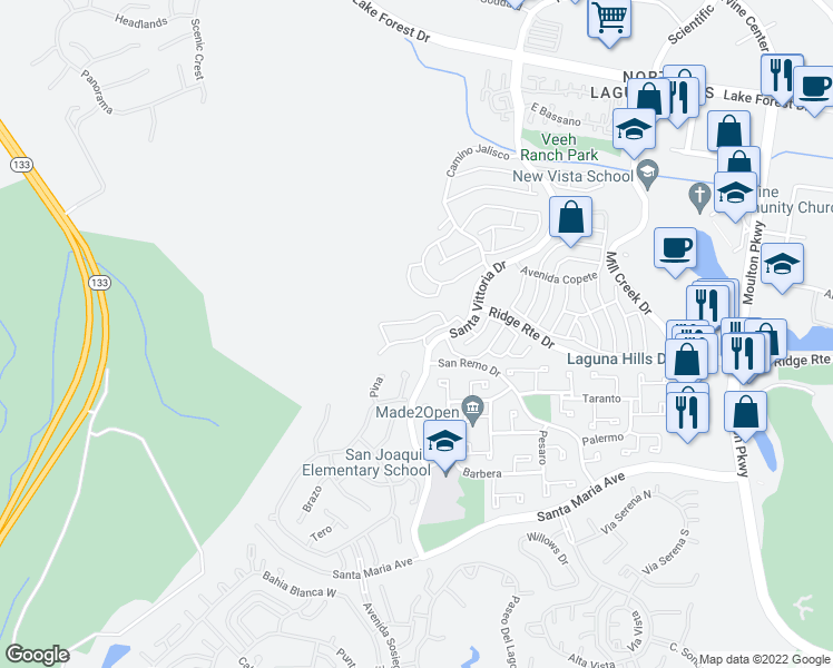 map of restaurants, bars, coffee shops, grocery stores, and more near 22131 Caminito Vino in Laguna Hills