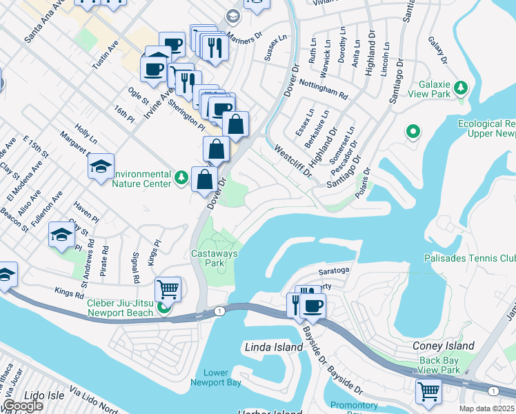 map of restaurants, bars, coffee shops, grocery stores, and more near 24 Cape Andover in Newport Beach