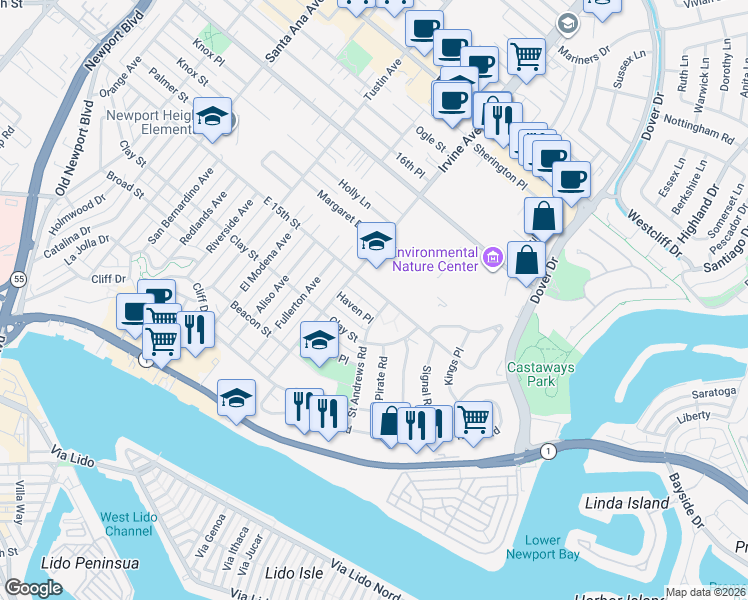 map of restaurants, bars, coffee shops, grocery stores, and more near 1601 East 15th Street in Newport Beach