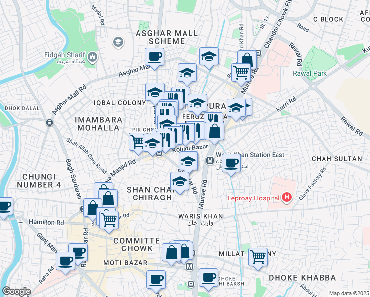 map of restaurants, bars, coffee shops, grocery stores, and more near Kohati Bazar in Rawalpindi