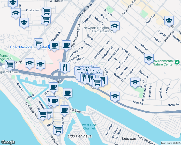 map of restaurants, bars, coffee shops, grocery stores, and more near 2919 Cliff Drive in Newport Beach
